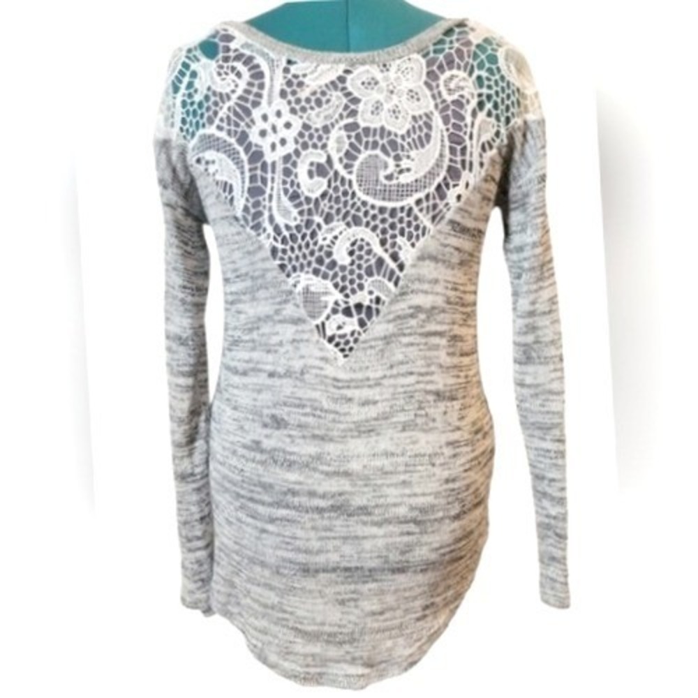 Lace Back Gray Long‎ Sleeve Pullover Knit Sweater Top Size M